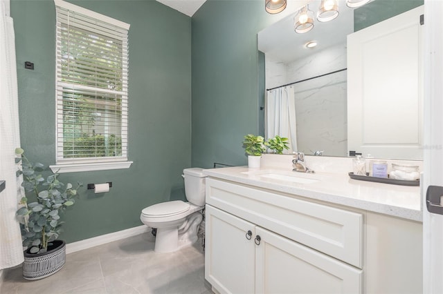 bathroom featuring toilet, walk in shower, tile patterned flooring, vanity, and an inviting chandelier