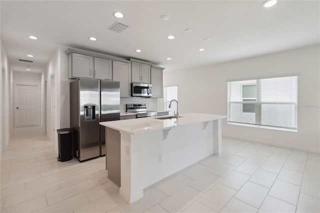 kitchen featuring an island with sink, sink, backsplash, gray cabinets, and appliances with stainless steel finishes