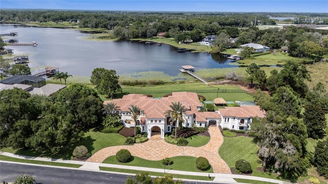 aerial view featuring a water view and a residential view