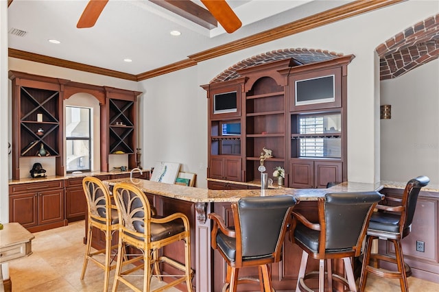 bar with ornamental molding, recessed lighting, visible vents, and wet bar