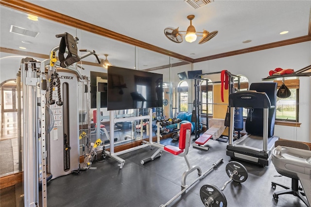 gym featuring visible vents, ornamental molding, and a ceiling fan