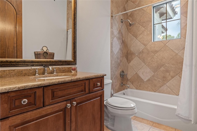 bathroom with tile patterned flooring, vanity, toilet, and shower / bathtub combination with curtain