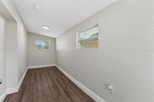 unfurnished room featuring vaulted ceiling, dark wood-type flooring, and a wealth of natural light