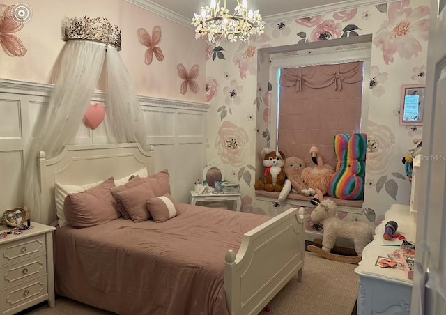 carpeted bedroom featuring crown molding and a notable chandelier