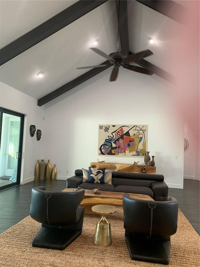 living room with vaulted ceiling with beams, ceiling fan, and dark hardwood / wood-style flooring