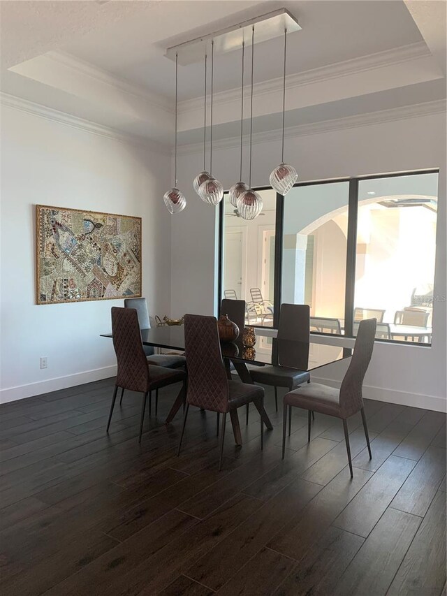 dining room featuring dark hardwood / wood-style floors, a raised ceiling, and crown molding