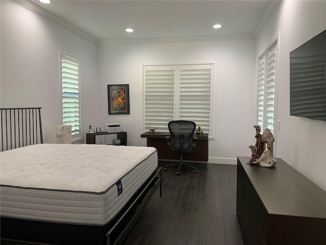 bedroom featuring dark wood-type flooring and ornamental molding