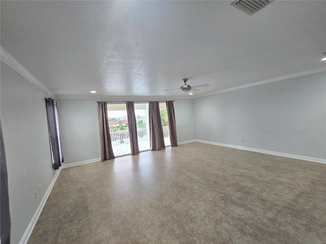 unfurnished room with a textured ceiling, crown molding, and ceiling fan