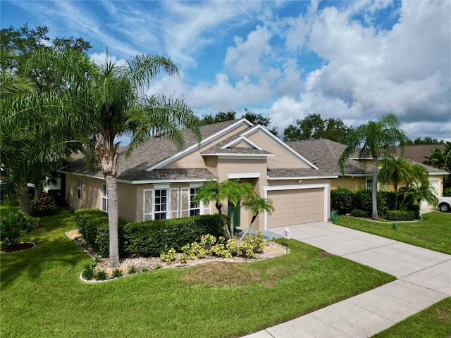 view of front of property featuring a front yard and a garage