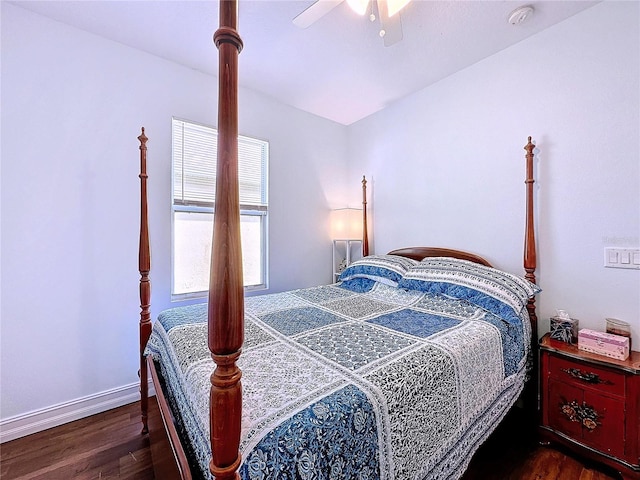 bedroom featuring ceiling fan and dark wood-type flooring