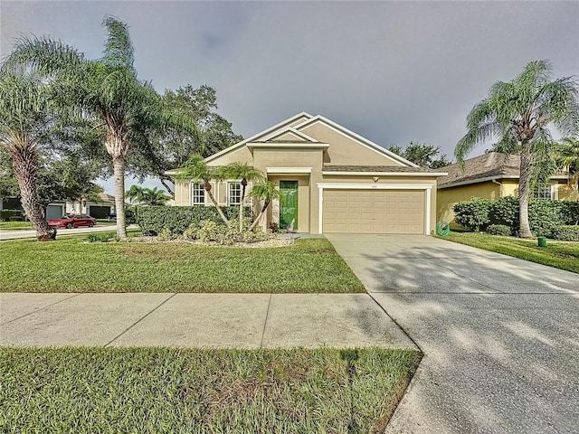 single story home featuring a garage and a front yard