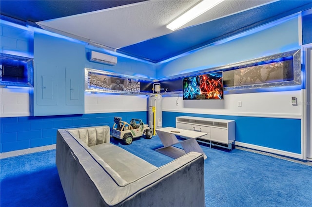 carpeted home office with a textured ceiling and a wall mounted AC