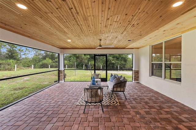 sunroom with wooden ceiling