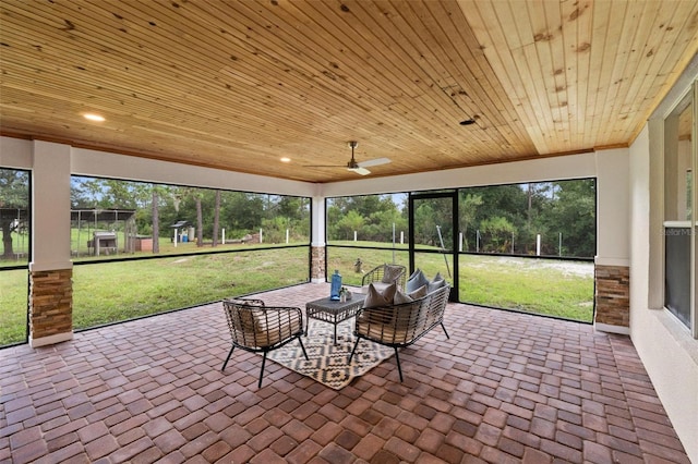 sunroom / solarium featuring ceiling fan and wooden ceiling