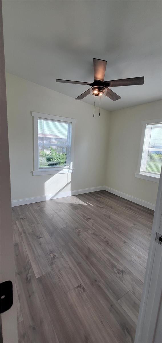 spare room with light hardwood / wood-style flooring, a wealth of natural light, and ceiling fan