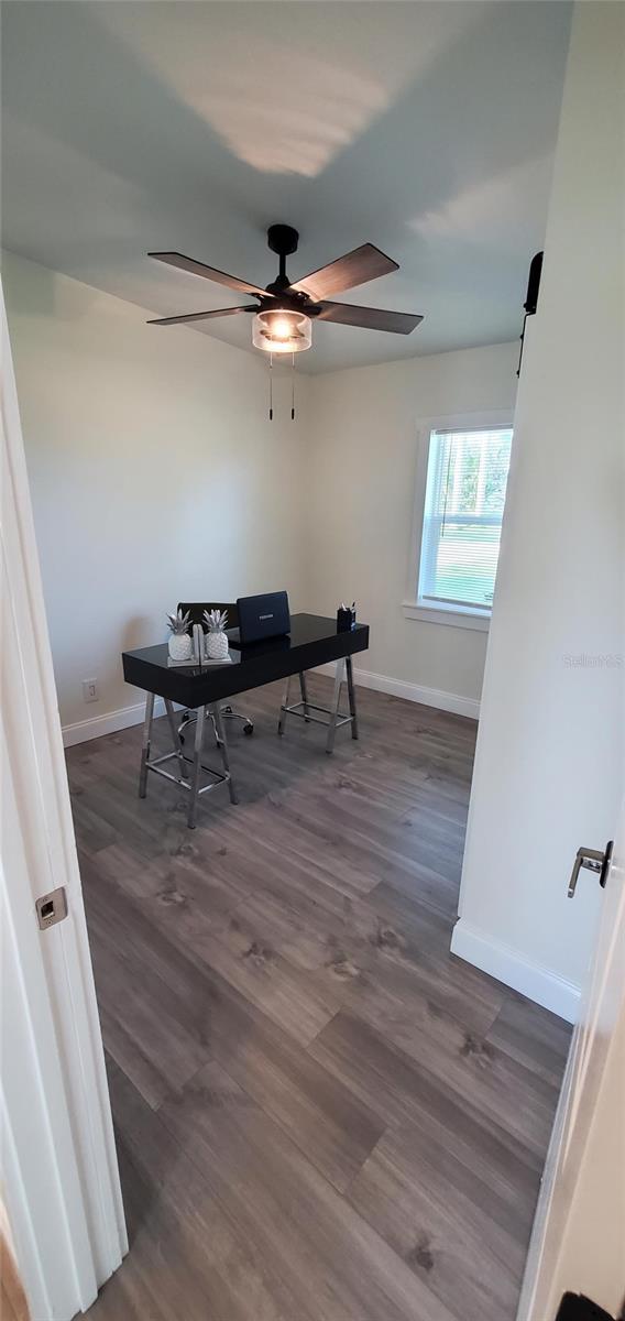 office area featuring ceiling fan and dark hardwood / wood-style flooring