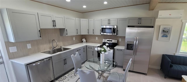 kitchen with a wall unit AC, decorative backsplash, gray cabinetry, appliances with stainless steel finishes, and a sink