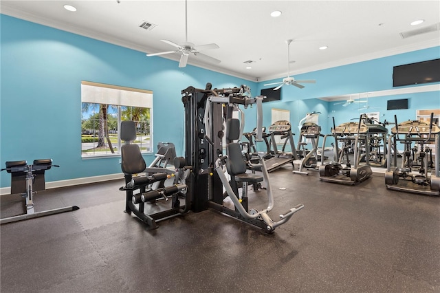 exercise room with crown molding and ceiling fan