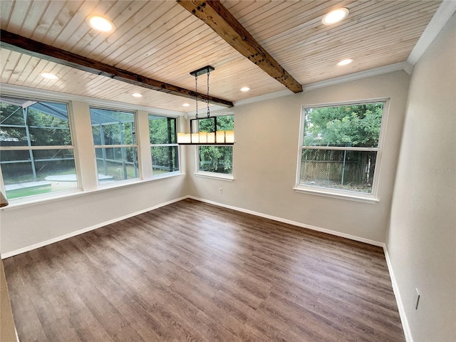 empty room with wood-type flooring, wooden ceiling, and a healthy amount of sunlight