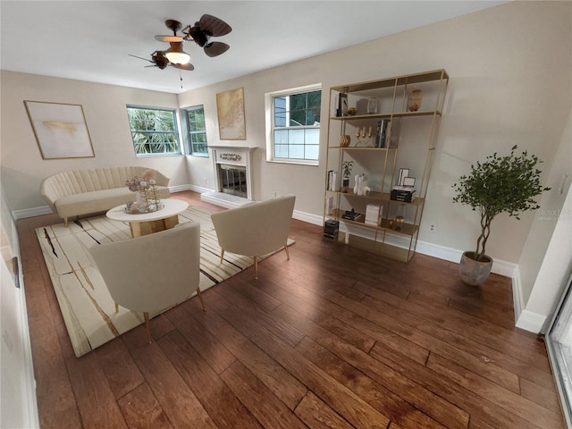 living room featuring ceiling fan and dark hardwood / wood-style floors