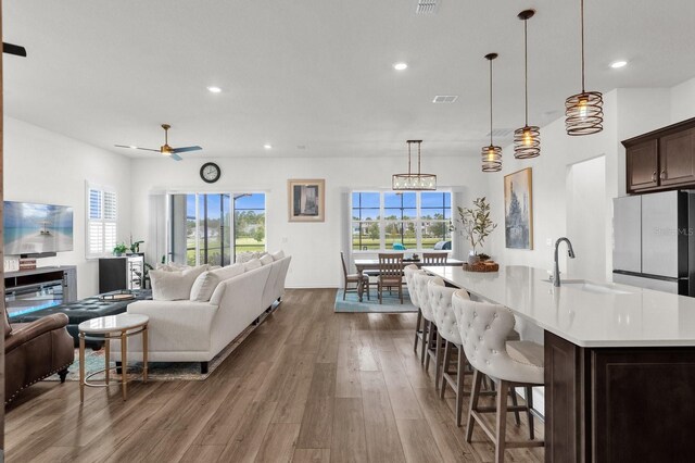 living room with hardwood / wood-style flooring, ceiling fan, and sink