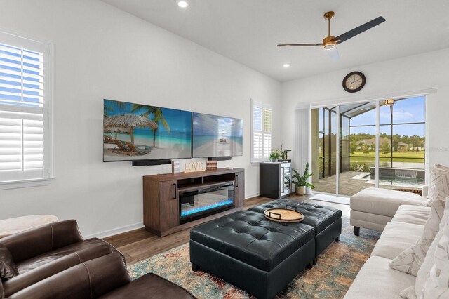 living room featuring ceiling fan, plenty of natural light, and wood-type flooring