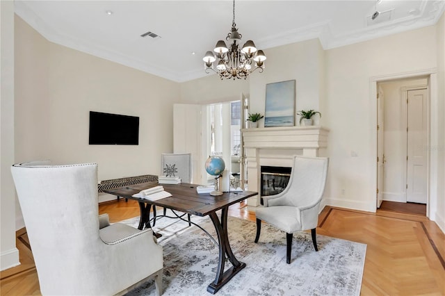 office area featuring crown molding, an inviting chandelier, and parquet flooring