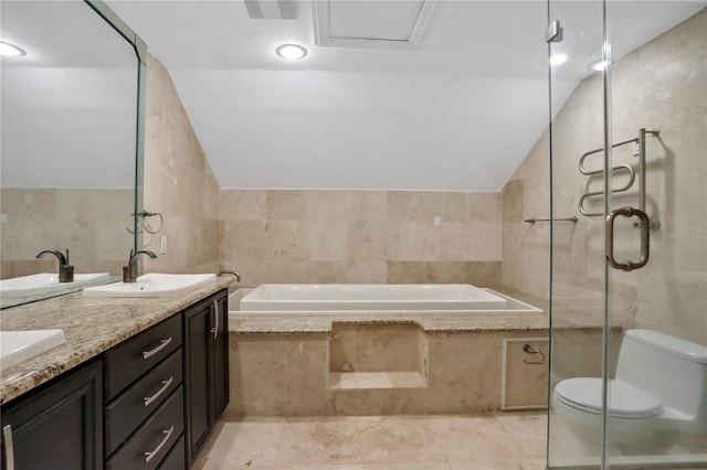 full bathroom featuring plus walk in shower, tile walls, lofted ceiling, vanity, and toilet