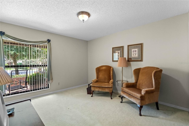 living area featuring a textured ceiling and carpet