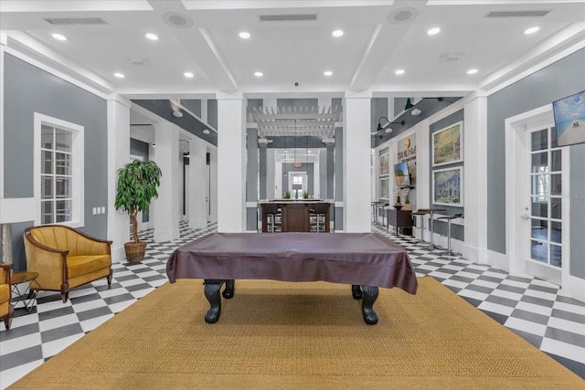 recreation room featuring billiards, bar, and beamed ceiling