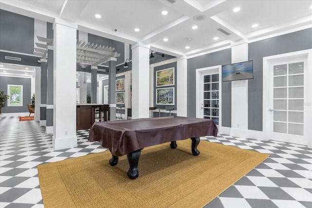 playroom featuring coffered ceiling, pool table, bar area, and beamed ceiling