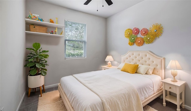 carpeted bedroom with ceiling fan