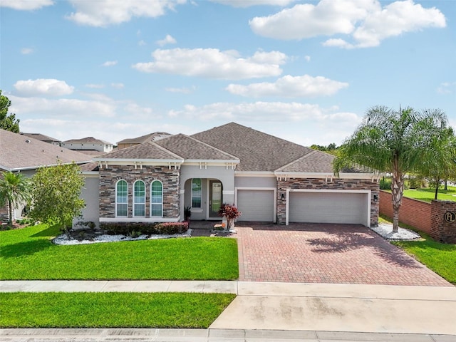 view of front of house with french doors, a garage, and a front lawn