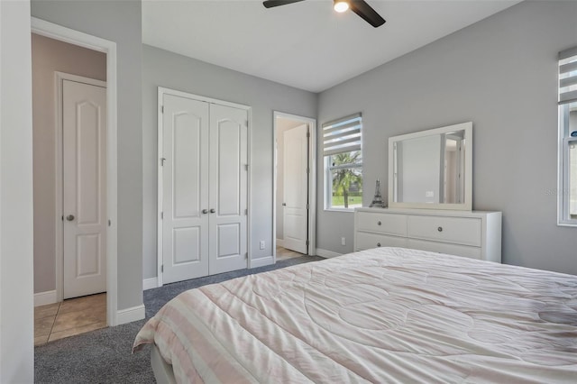 bedroom featuring ceiling fan and carpet floors