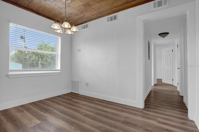 spare room featuring an inviting chandelier, dark hardwood / wood-style flooring, and wooden ceiling