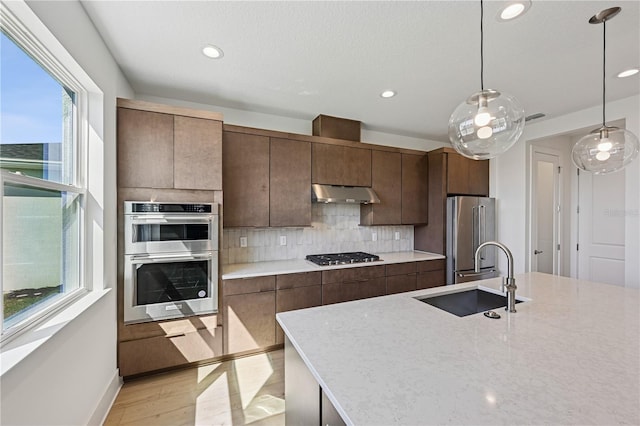 kitchen featuring a sink, appliances with stainless steel finishes, under cabinet range hood, light wood-type flooring, and backsplash