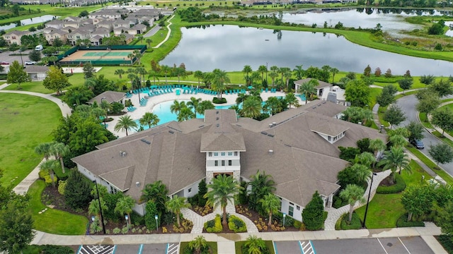 drone / aerial view featuring a water view