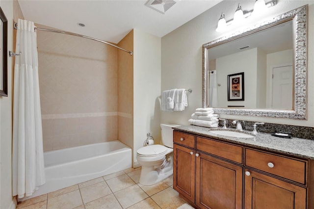 full bathroom featuring shower / bath combination with curtain, vanity, toilet, and tile patterned floors