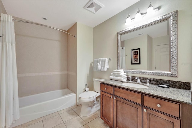 full bathroom featuring vanity, tile patterned flooring, toilet, and shower / tub combo with curtain