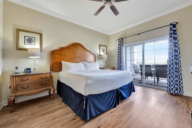 bedroom featuring wood-type flooring, ceiling fan, access to exterior, and crown molding