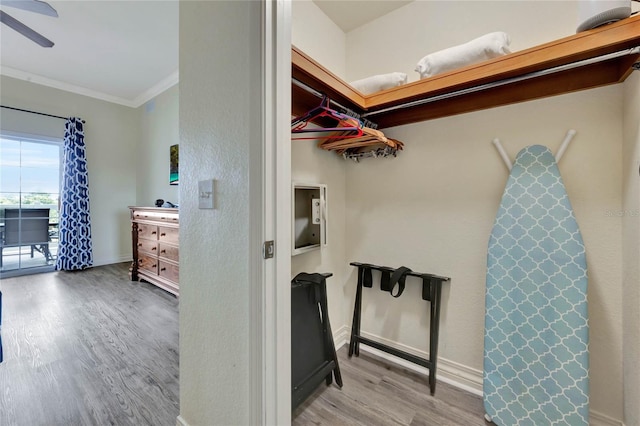 spacious closet with ceiling fan and light hardwood / wood-style floors