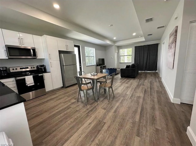 kitchen with a raised ceiling, stainless steel appliances, hardwood / wood-style flooring, and white cabinets