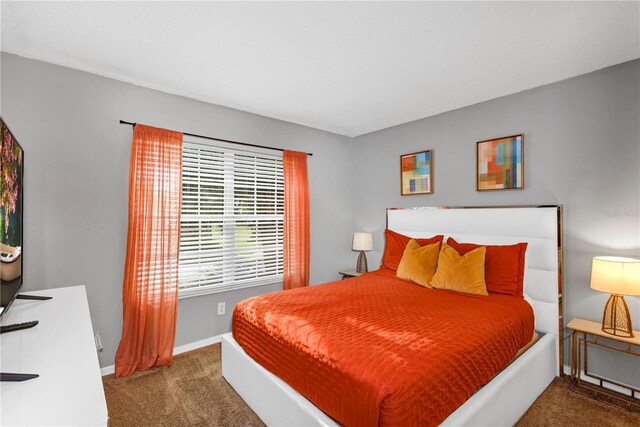 bedroom with dark colored carpet