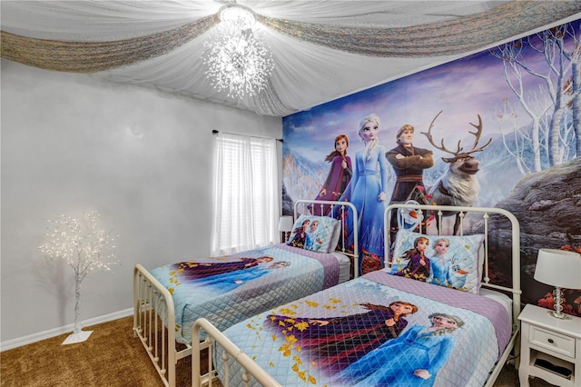 bedroom with a notable chandelier and carpet floors