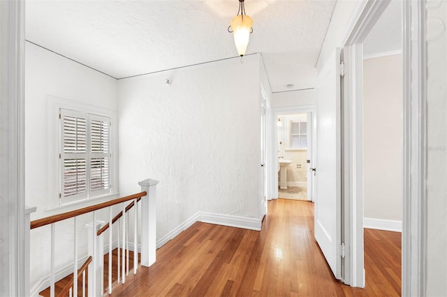 corridor featuring a textured ceiling, light hardwood / wood-style flooring, and sink