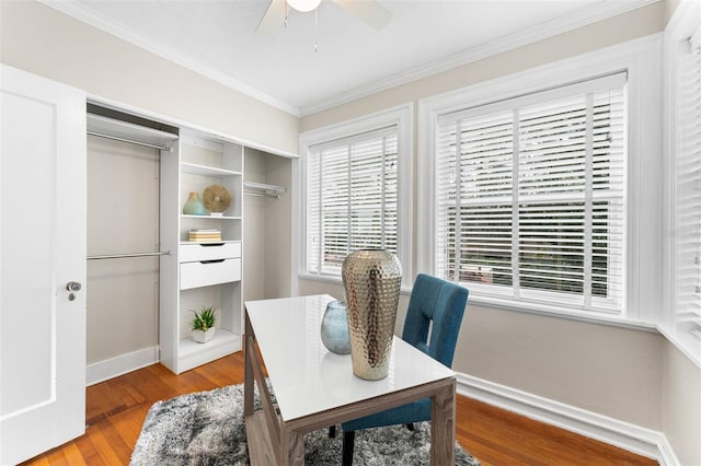 office space with hardwood / wood-style flooring, ceiling fan, and crown molding