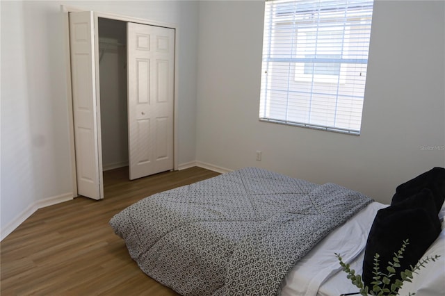 bedroom with hardwood / wood-style flooring and a closet