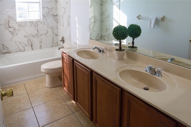 full bathroom featuring tile patterned floors, vanity, shower / bathtub combination, and toilet