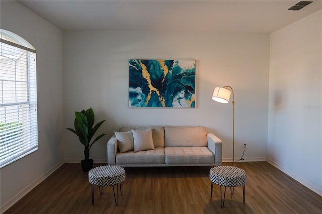 living room with a healthy amount of sunlight and dark hardwood / wood-style flooring