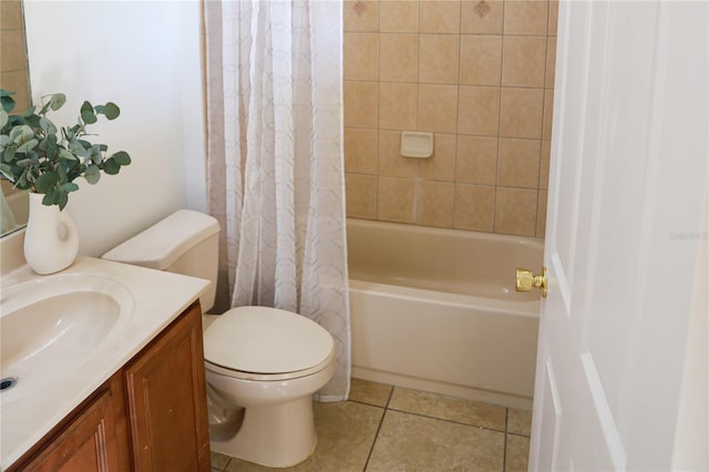 full bathroom featuring shower / bathtub combination with curtain, tile patterned flooring, vanity, and toilet